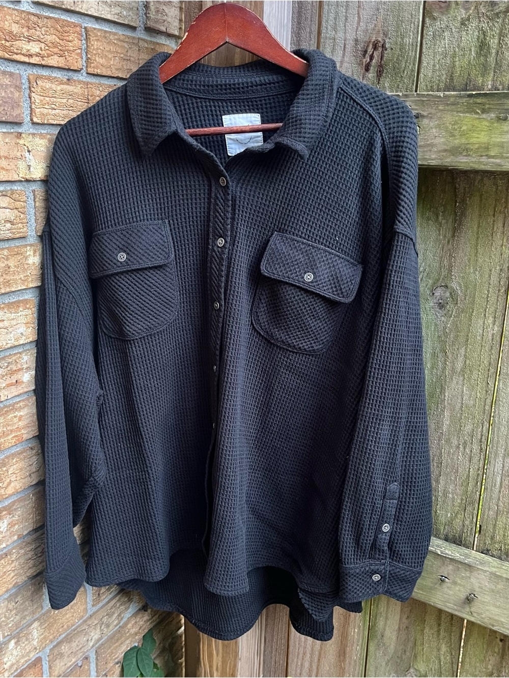 Aerie Oversized LumberJane Black Waffle-Knit Button-Down Shirt Jacket